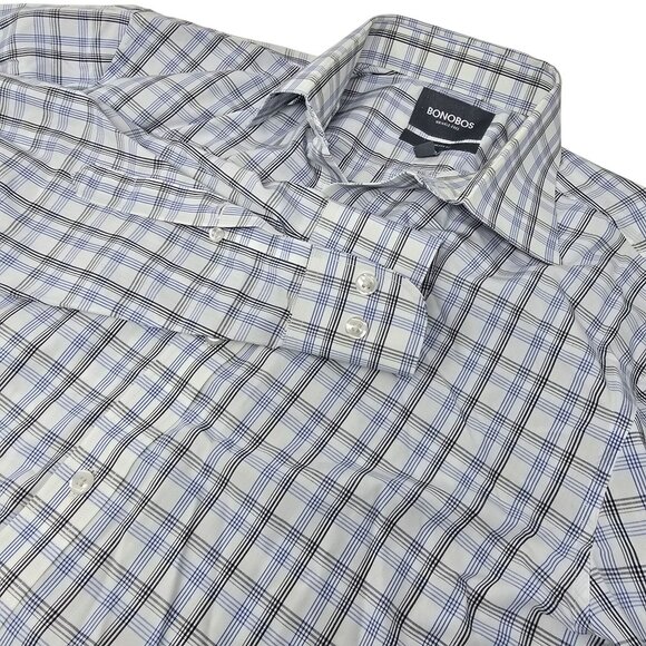 Bonobos‎ Button Up Dress Shirt Size 15.5 Men's White Blue Gray Plaid Long Sleeve - Picture 1 of 4